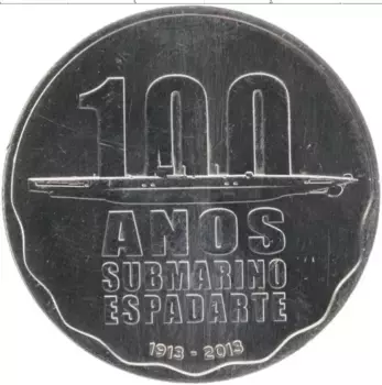 Монета 2 1/2 евро Португалии 2013 года Медно-никель 100 лет первой португальской подводной лодке Меч-рыба