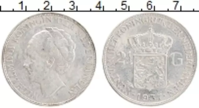 Монета 2 1/2 гульдена Нидерланд 1937 года Серебро Вильгельмина