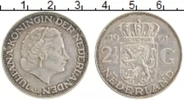 Монета 2 1/2 гульдена Нидерланд 1961 года Серебро Юлиана