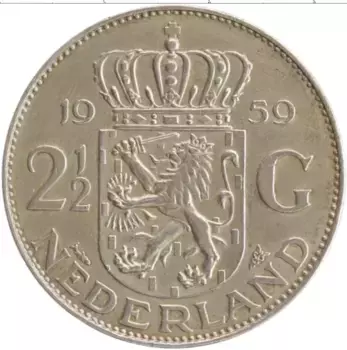 Монета 2 1/2 гульдена Нидерланд 1959 года Серебро Юлиана