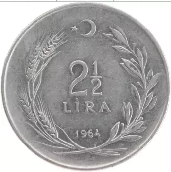 Монета 2 1/2 лиры Турции 1964 года Медно-никель