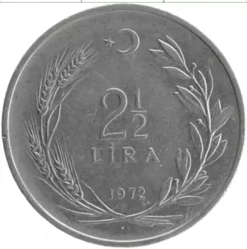 Монета 2 1/2 лиры Турции 1972 года Сталь Кемаль Ататюрк