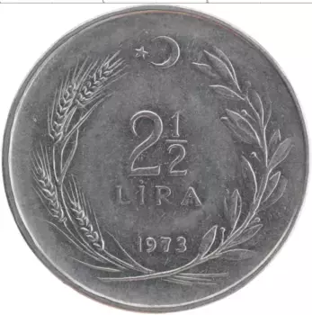 Монета 2 1/2 лиры Турции 1973 года Медно-никель Кемаль Ататюрк