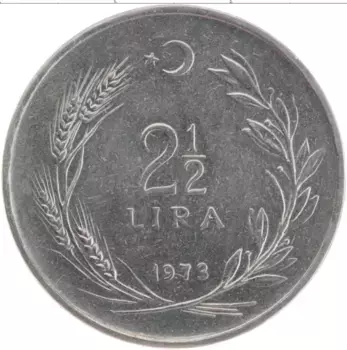 Монета 2 1/2 лиры Турции 1973 года Сталь