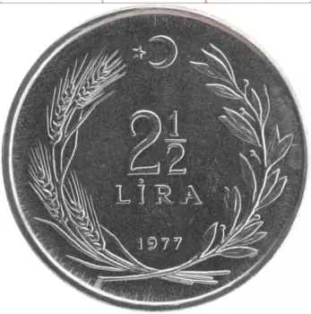 Монета 2 1/2 лиры Турции 1977 года Медно-никель ФАО - Хлеб и жилье для всех