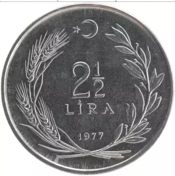 Монета 2 1/2 лиры Турции 1977 года Медно-никель ФАО - Хлеб и жилье для всех