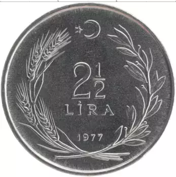 Монета 2 1/2 лиры Турции 1977 года Медно-никель ФАО - Хлеб и жилье для всех