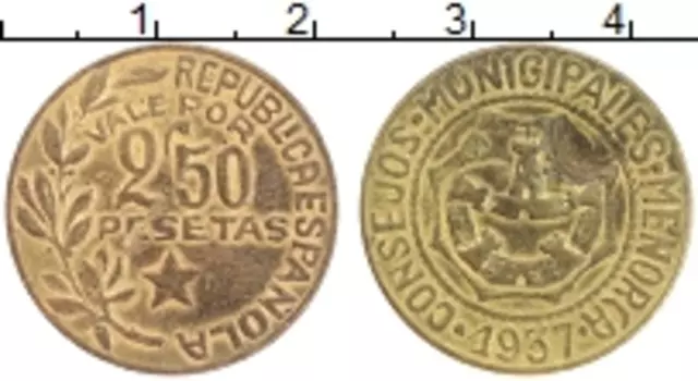 Монета 2 1/2 песеты Испании 1937 года Бронза Гражданская война