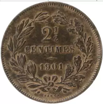 Монета 2 1/2 сантима Люксембурга 1901 года Медь