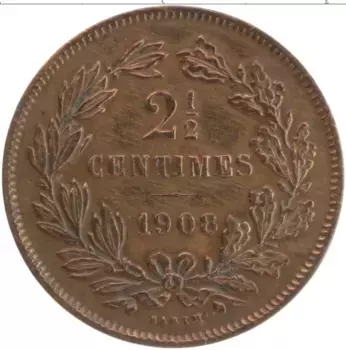 Монета 2 1/2 сантима Люксембурга 1908 года Бронза