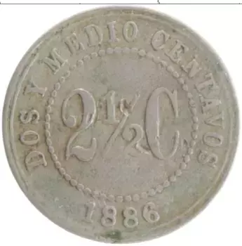 Монета 2 1/2 сентаво Колумбии 1886 года Медно-никель