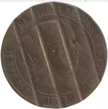 Монета 2 1/2 сентима Испании 1868 года Бронза Изабелла II, гашение