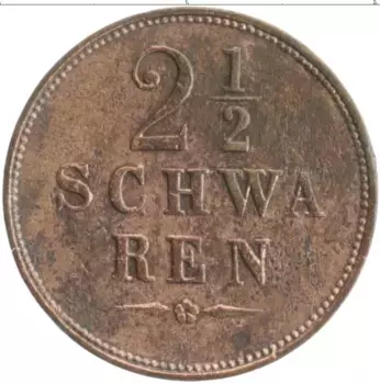 Монета 2 1/2 шварена Бремена 1861 года Медь