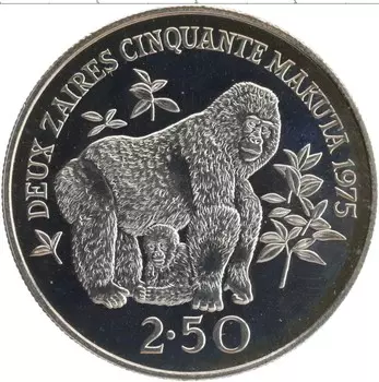 Монета 2 1/2 заира Заира 1975 года Серебро Сохранение животного мира