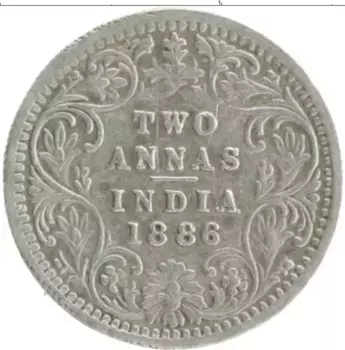 Монета 2 анны Британской Индии 1886 года Серебро Виктория