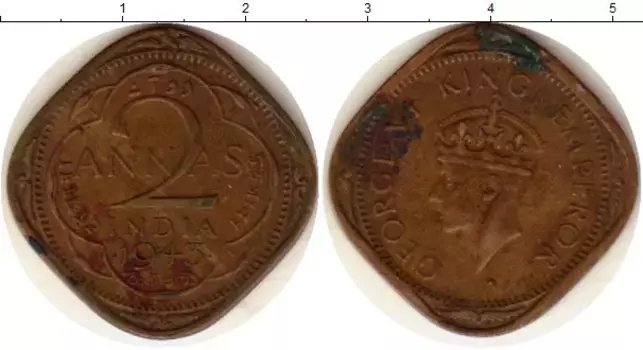 Монета 2 анны Индии 1943 года Латунь Георг VI