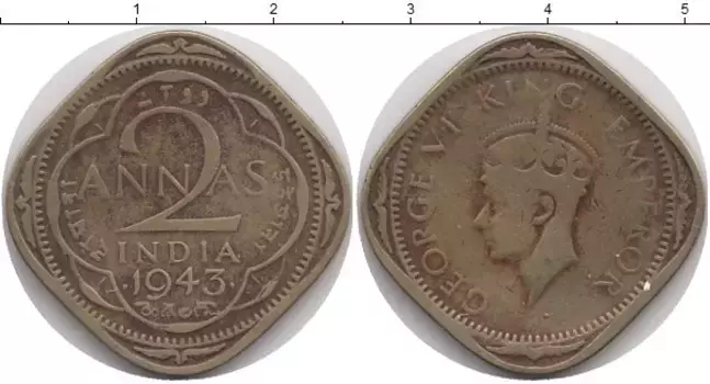 Монета 2 анны Индии 1943 года Латунь Георг VI