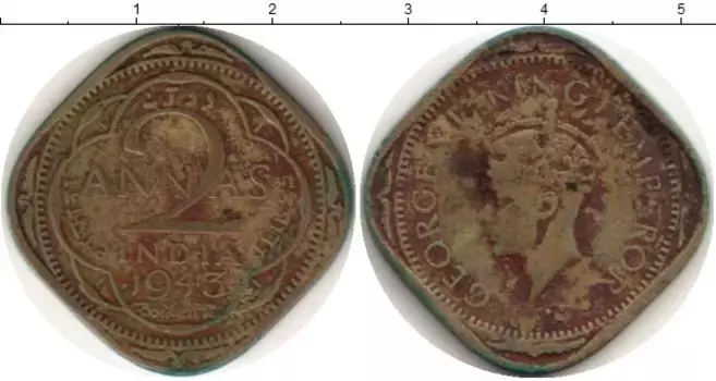 Монета 2 анны Индии 1943 года Латунь Георг VI