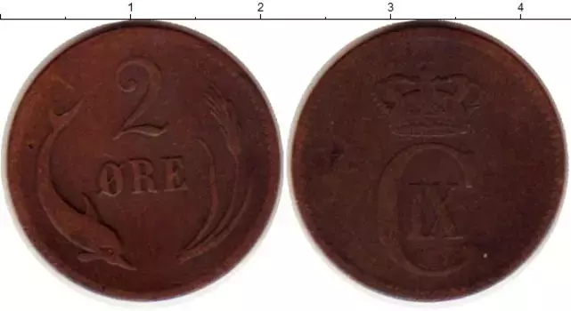 Монета 2 эре Дании 1874 года Медь Кристиан IX