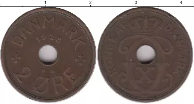 Монета 2 эре Дании 1928 года Медь
