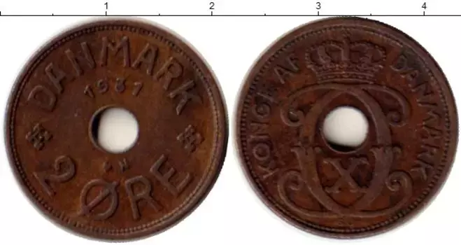 Монета 2 эре Дании 1931 года Бронза Кристиан Х