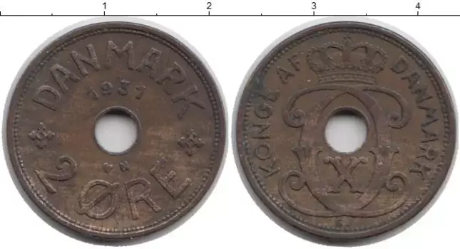 Монета 2 эре Дании 1931 года Бронза Кристиан Х