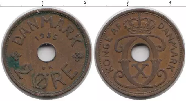 Монета 2 эре Дании 1935 года Бронза Кристиан Х