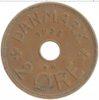 Монета 2 эре Дании 1935 года Бронза Кристиан X