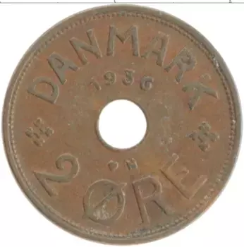 Монета 2 эре Дании 1936 года Бронза Кристиан X