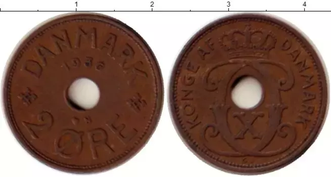 Монета 2 эре Дании 1936 года Медь Кристиан Х