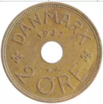 Монета 2 эре Дании 1937 года Бронза Кристиан X