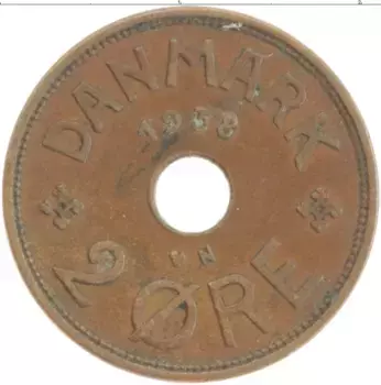 Монета 2 эре Дании 1938 года Бронза Кристиан Х