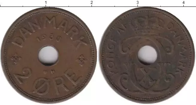 Монета 2 эре Дании 1938 года Медь