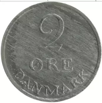 Монета 2 эре Дании 1965 года Цинк Фредерик IX