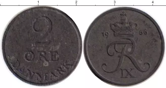 Монета 2 эре Дании 1966 года Цинк Фредерик IX