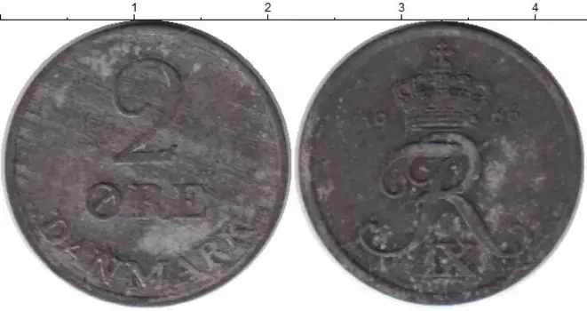 Монета 2 эре Дании 1968 года Цинк Фредерик IX