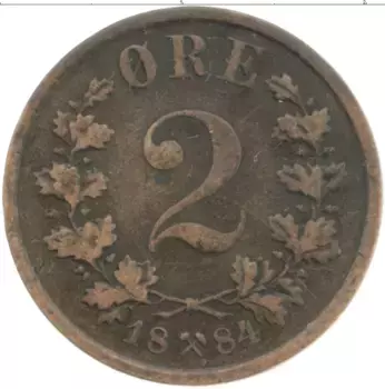 Монета 2 эре Норвегии 1884 года Бронза Оскар II