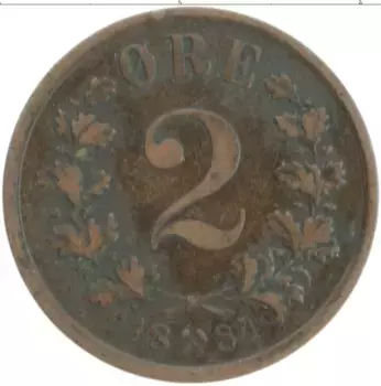 Монета 2 эре Норвегии 1884 года Бронза Оскар II