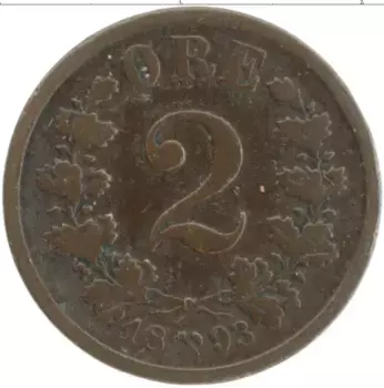 Монета 2 эре Норвегии 1893 года Бронза Оскар II