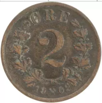 Монета 2 эре Норвегии 1902 года Бронза Оскар II