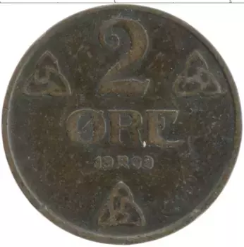 Монета 2 эре Норвегии 1909 года Бронза Хокон VII