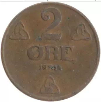 Монета 2 эре Норвегии 1914 года Бронза Хокон VII
