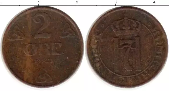 Монета 2 эре Норвегии 1921 года Бронза Хокон VII