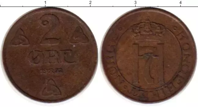 Монета 2 эре Норвегии 1922 года Бронза Хокон VII