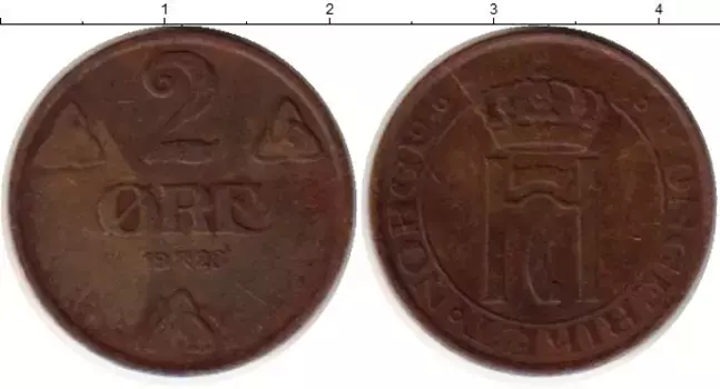 Монета 2 эре Норвегии 1928 года Бронза Хокон VII