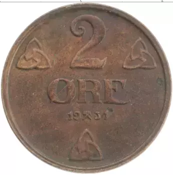 Монета 2 эре Норвегии 1931 года Бронза Хакон VII