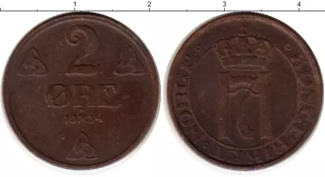 Монета 2 эре Норвегии 1934 года Бронза Хокон VII