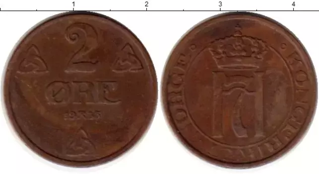 Монета 2 эре Норвегии 1935 года Бронза Хокон VII