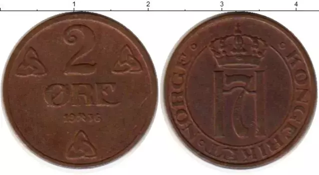 Монета 2 эре Норвегии 1936 года Бронза Хокон VII