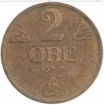 Монета 2 эре Норвегии 1936 года Бронза Хакон VII